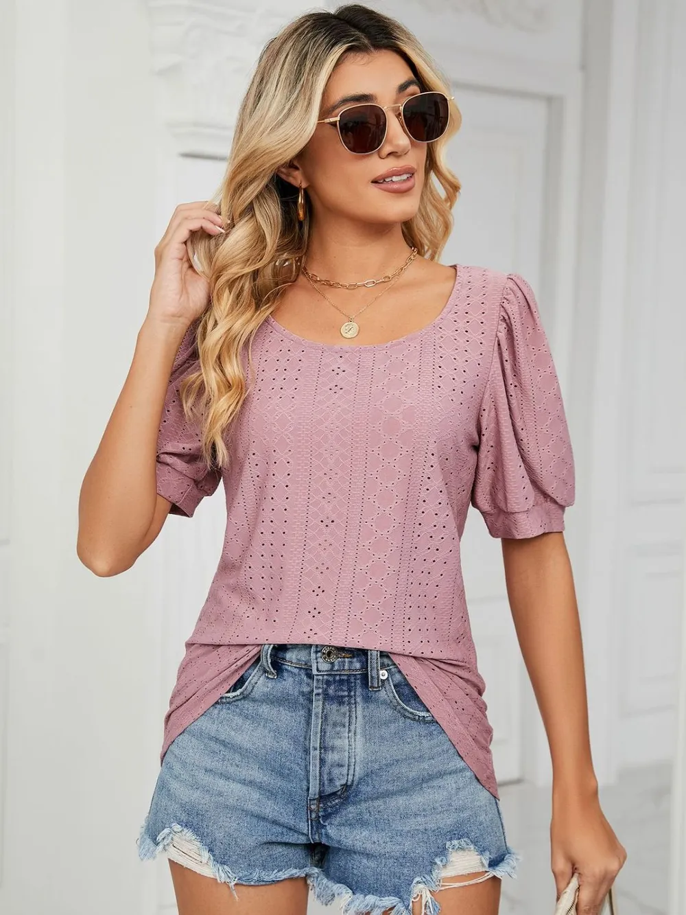 Ruched Notched Long Sleeve T-Shirt, image 16