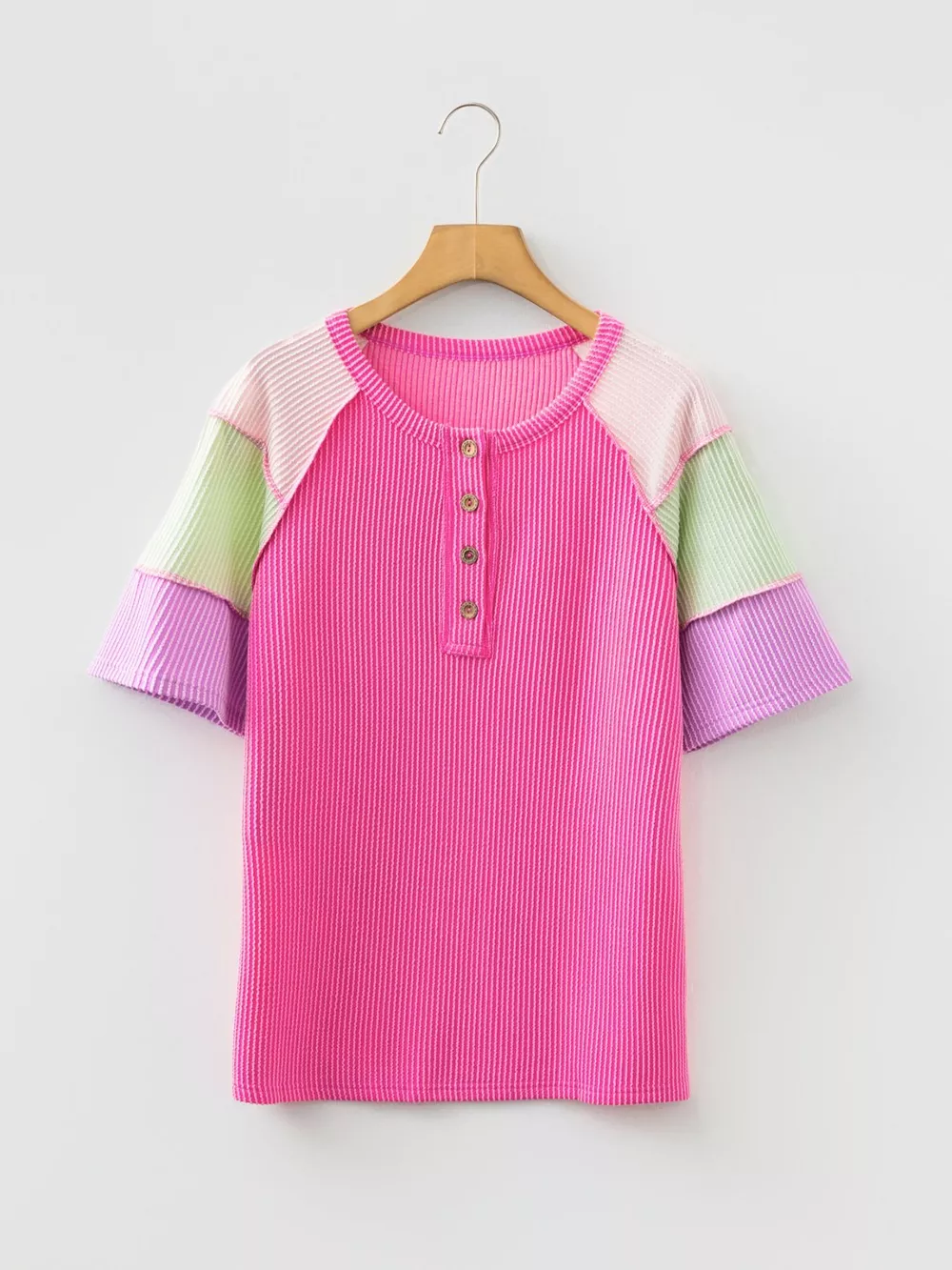 Twisted Rib Color Block Patchwork Short Sleeve Henley Top, image 14