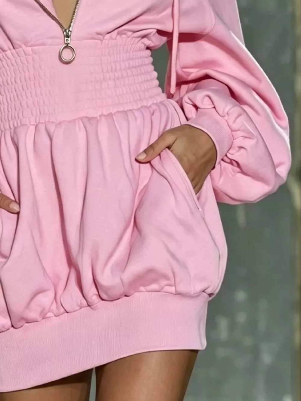 Hooded Long Sleeve Mini Dress with Smocked Waist, image 10