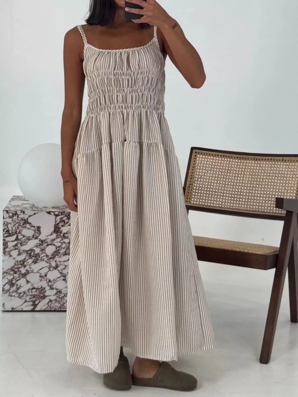 Striped Smocked Bodice Midi Dress, image 5