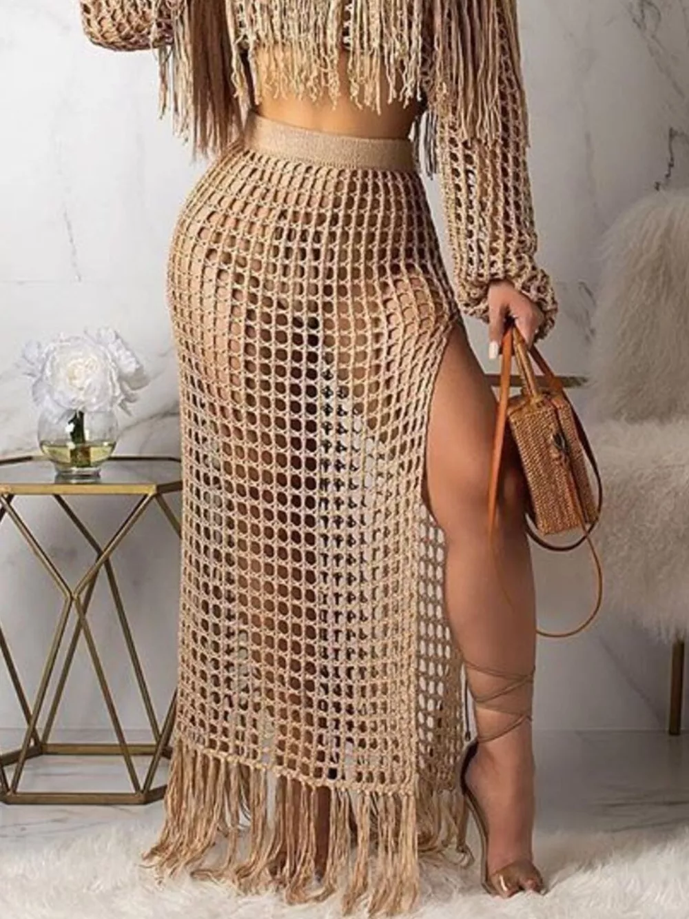 Full Size Crochet Off-Shoulder Fringe Top and Skirt Set Plus Size, image 12