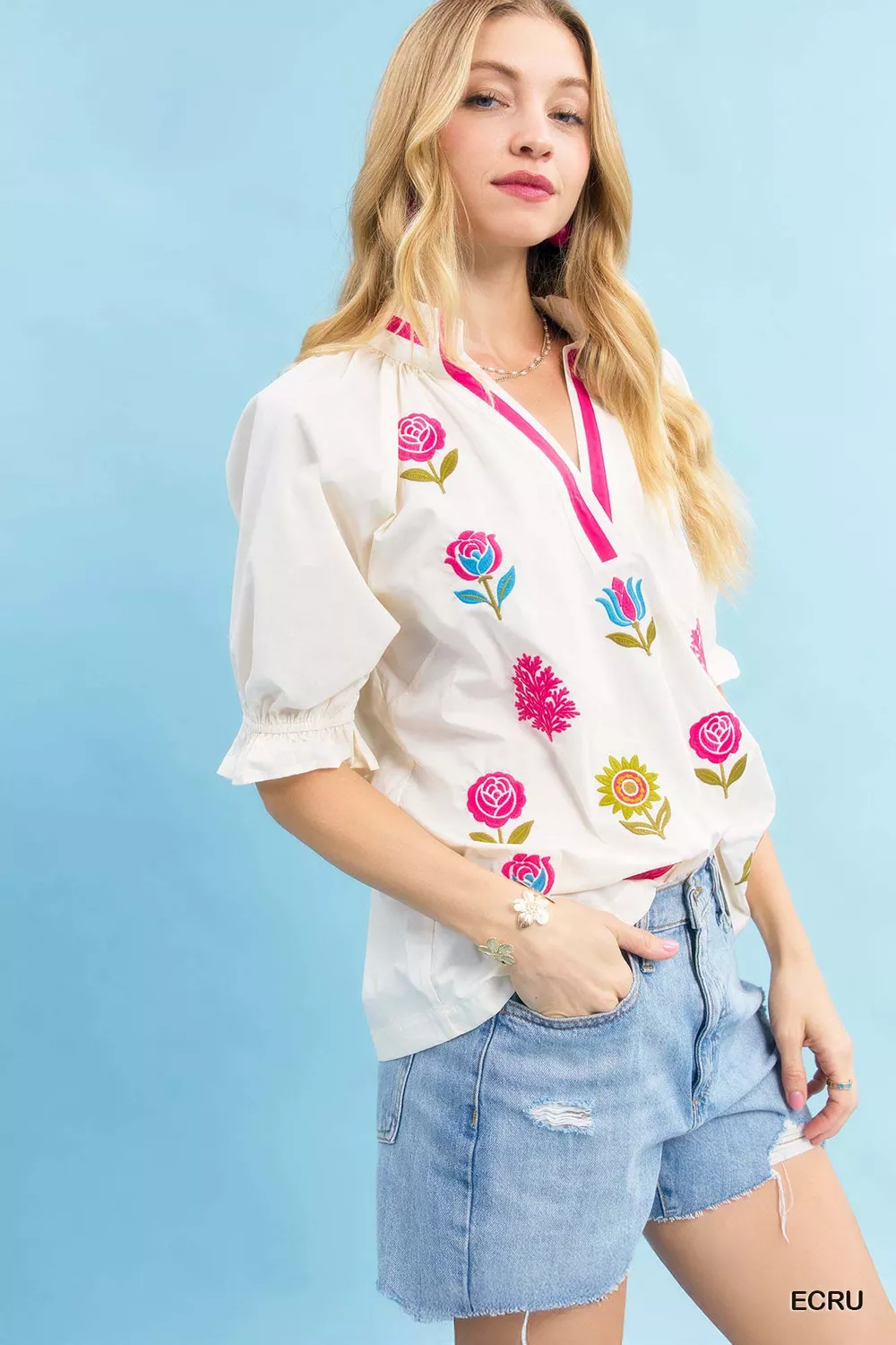 Embroidered Floral Top with Contrast Trim, image 4