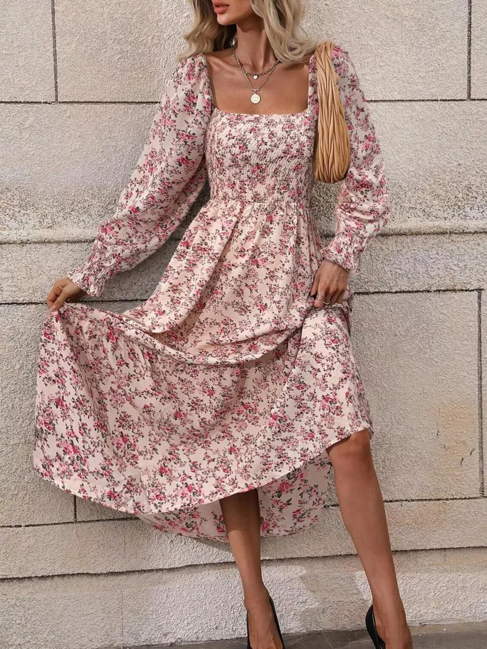 Floral Print Square Neck Smocked Midi Dress, image 3
