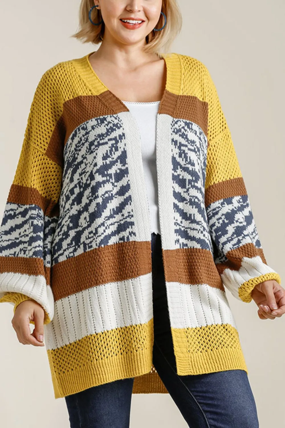 Full Size Color Block Open Front Longline Cardigan Plus Size, image 4