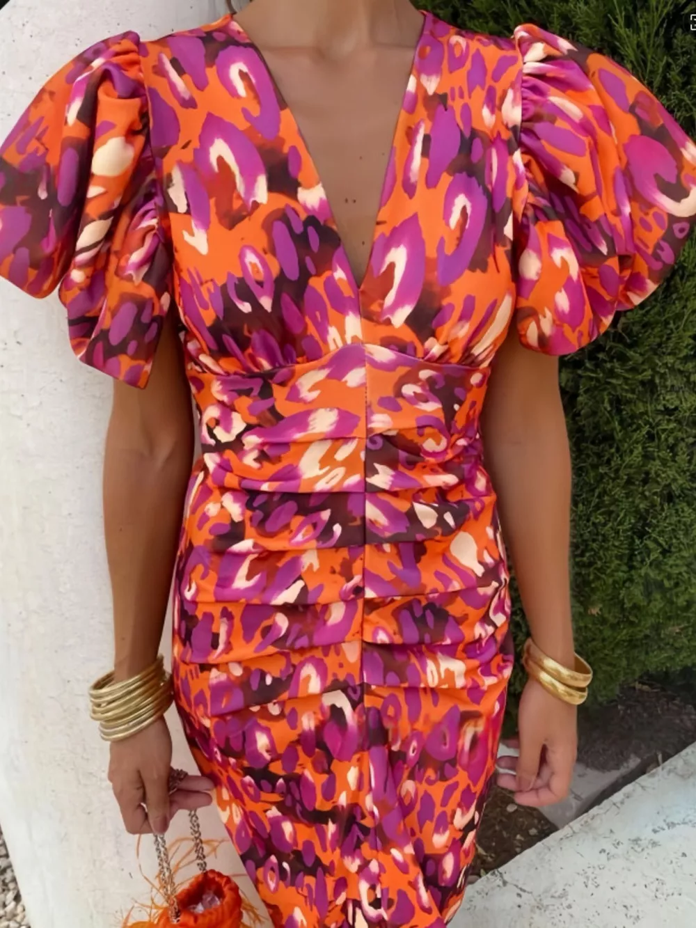 Full Size V-Neck Puff Sleeve Midi Dress Plus Size, image 6