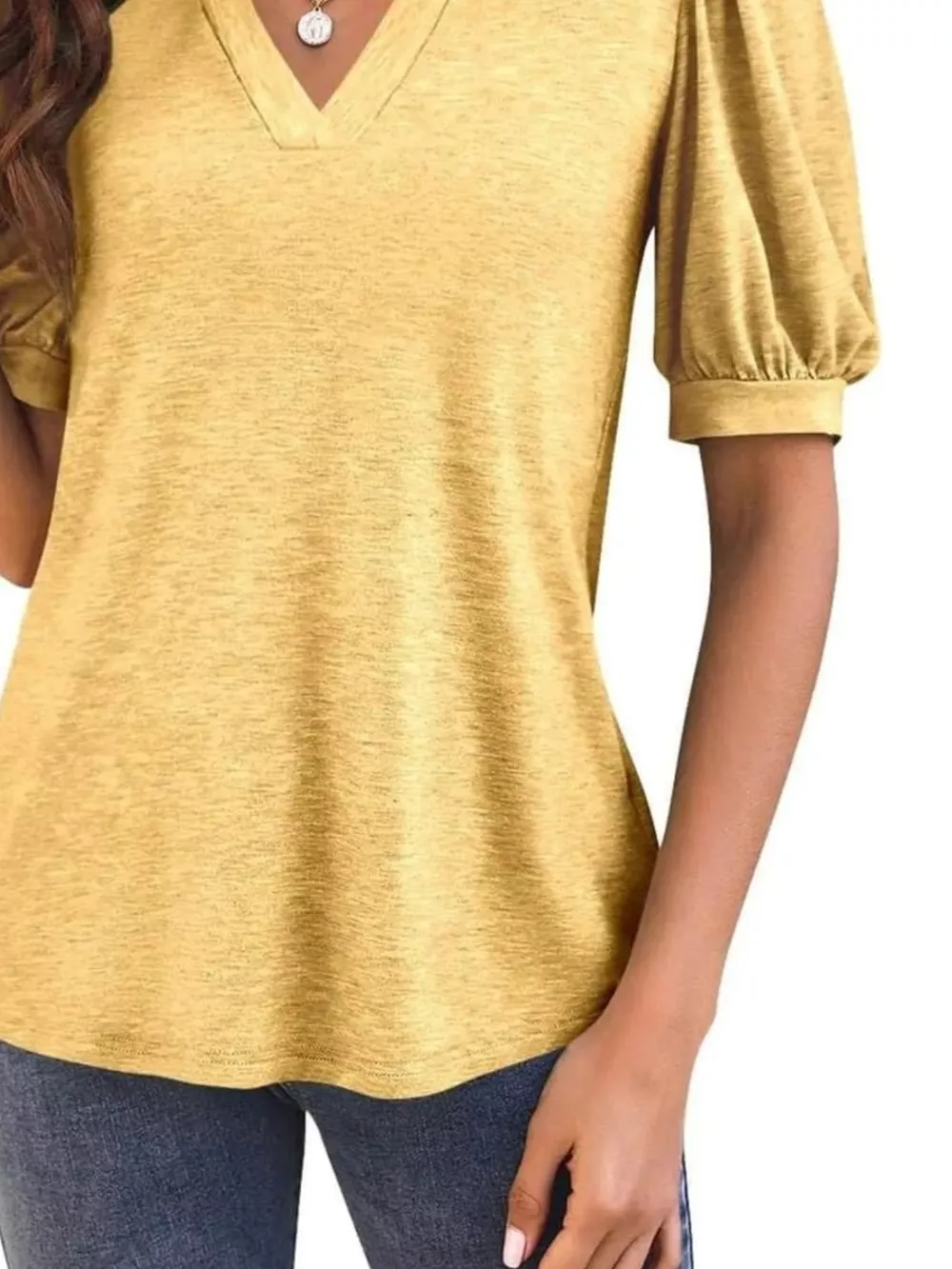 Puff Sleeve Notched Casual T-Shirt, image 27