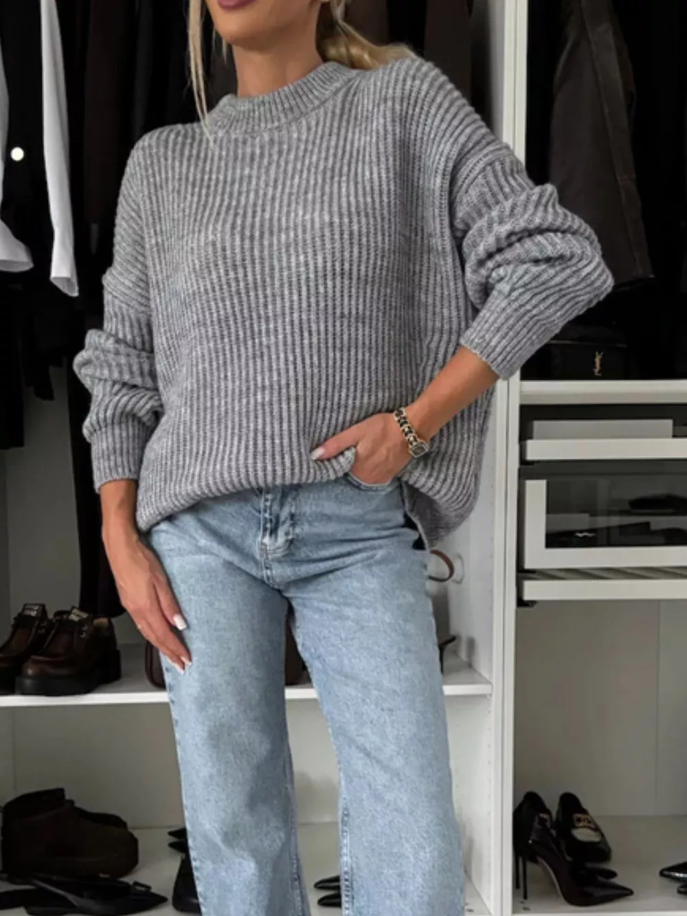 Ribbed Knit Crew Neck Sweater, image 2