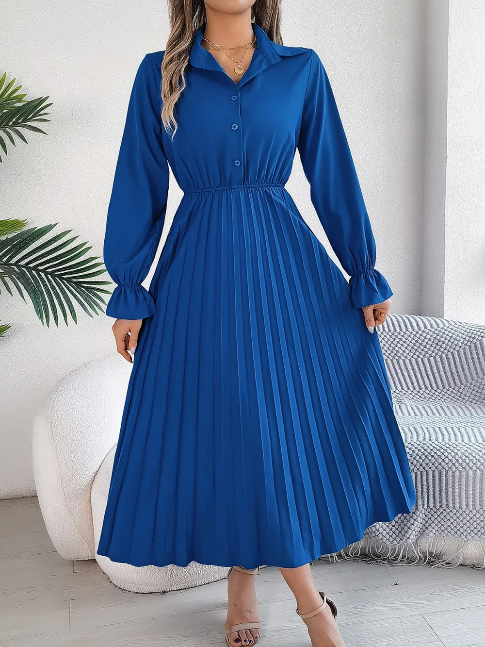 Pleated Half Button Long Sleeve Midi Dress, image 22