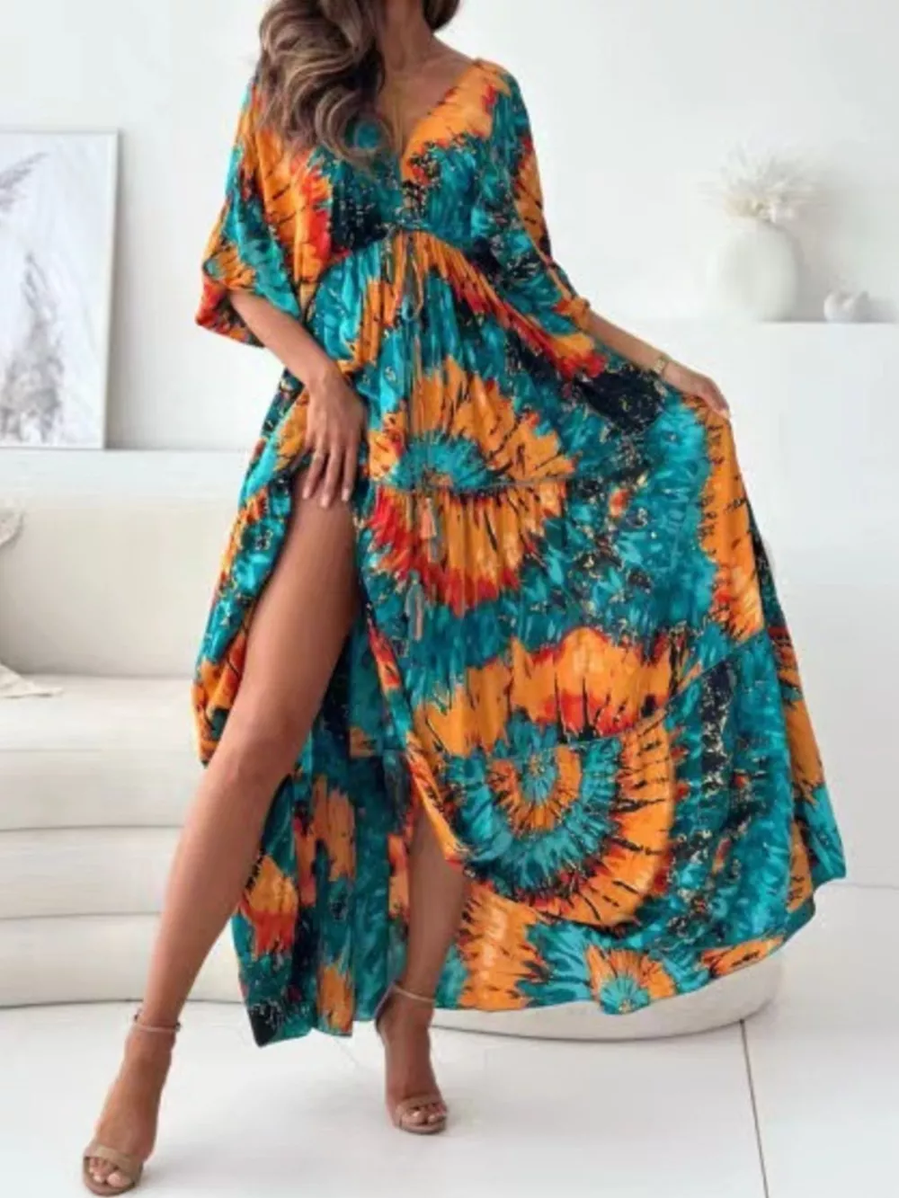 Printed V-Neck Balloon Sleeve Slit Maxi Dress, image 11