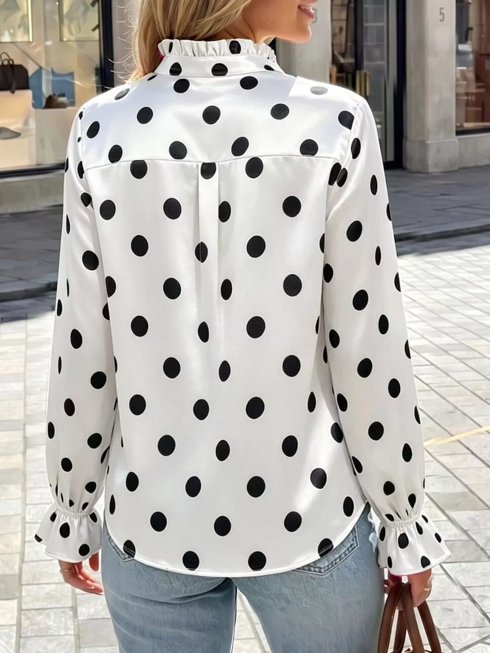 Elegant Button Down Ruffle Trim Satin Shirt, image 3