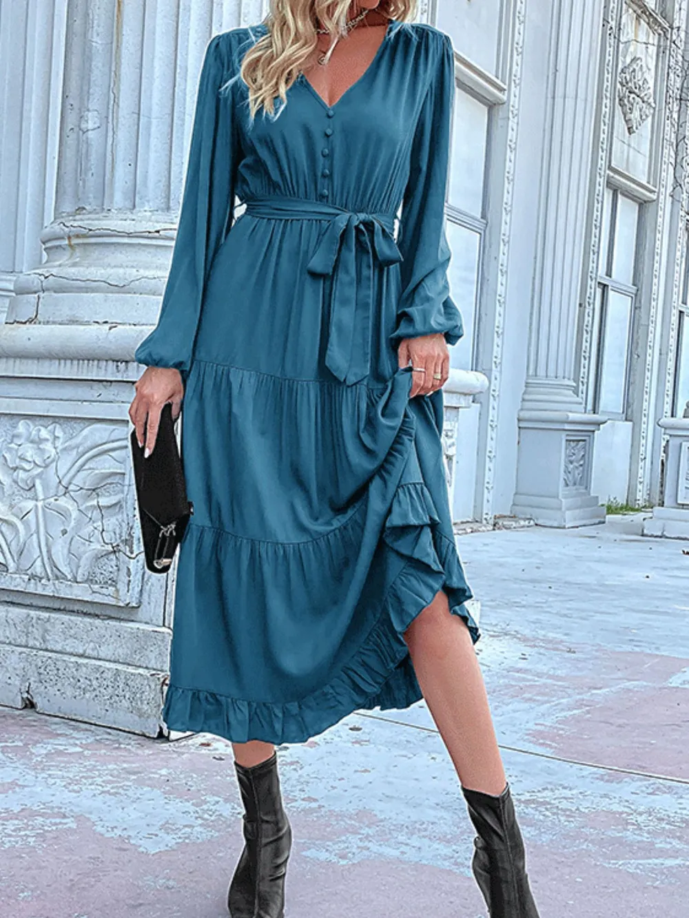 Ruffled Hem V-Neck Balloon Sleeve Dress, image 35