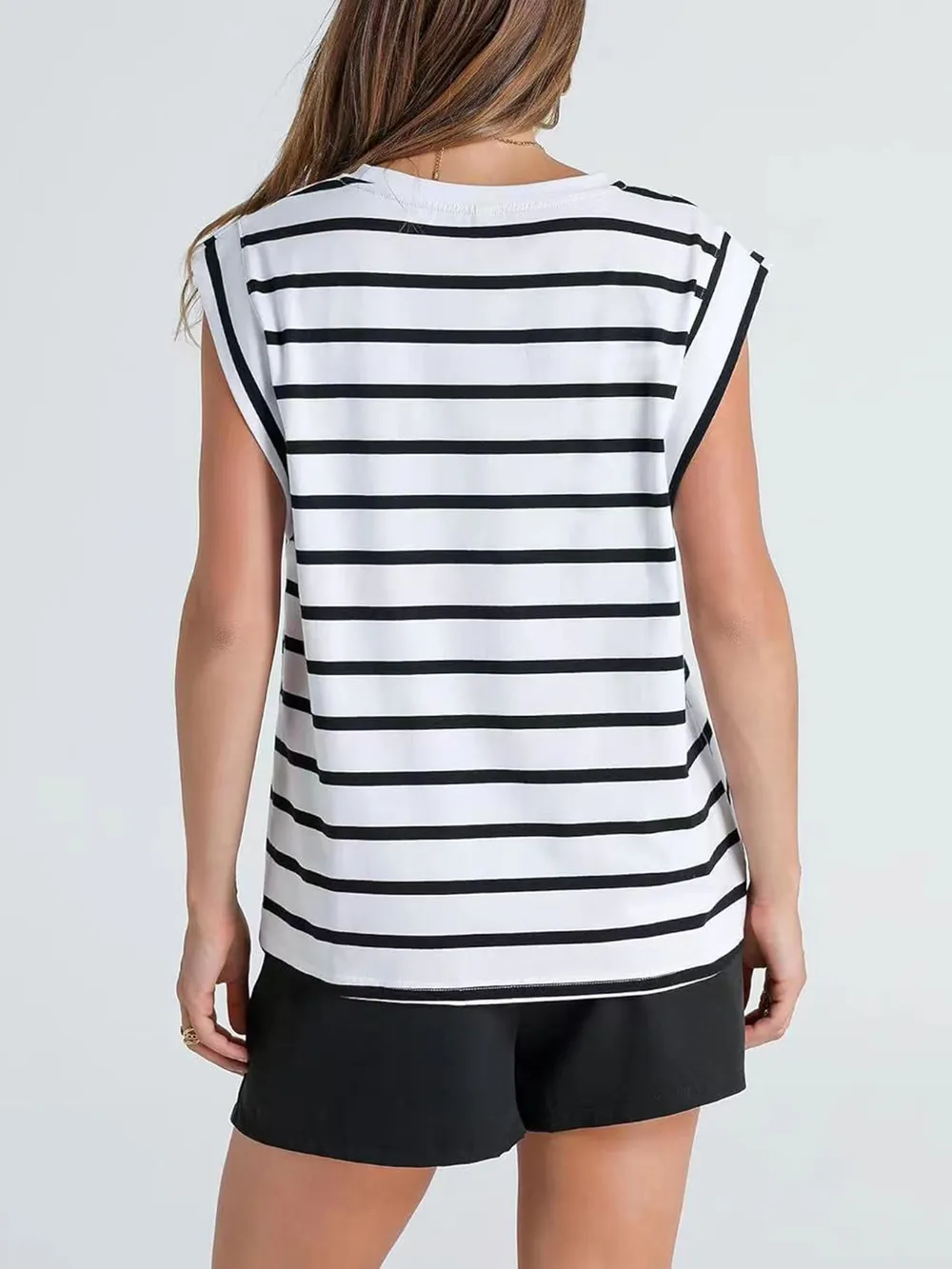 Striped Round Neck Cap Sleeve T-Shirt, image 19