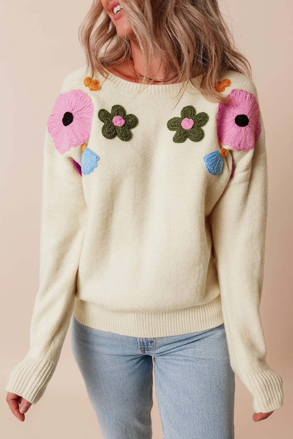 Crochet Flower Round Neck Dropped Shoulder Sweater, image 16