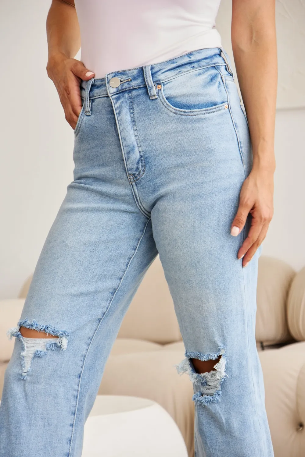 Full Size Tummy Control High Waist Raw Hem Distressed Jeans, image 17