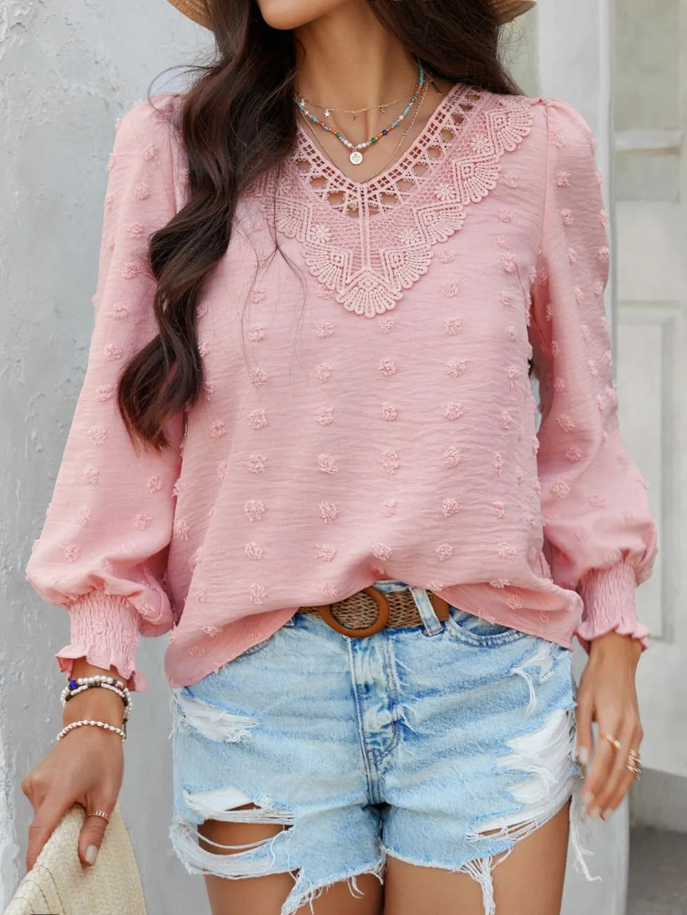 Swiss Dot Lace Detail V-Neck Long Sleeve Blouse, image 2