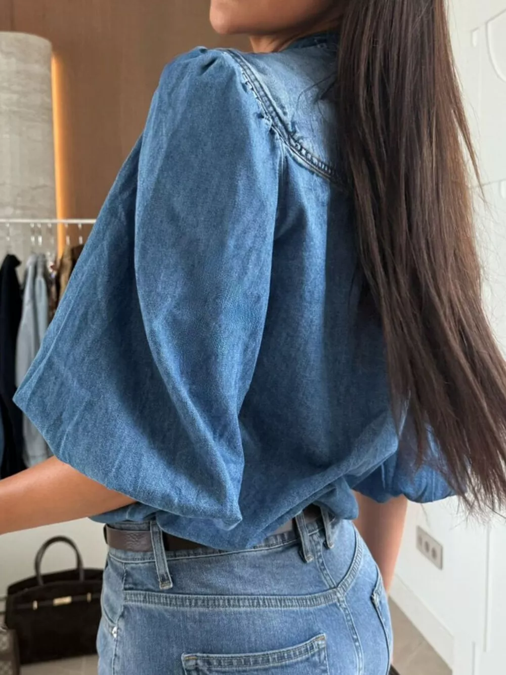 Puff Sleeve Button Front Denim Top, image 3