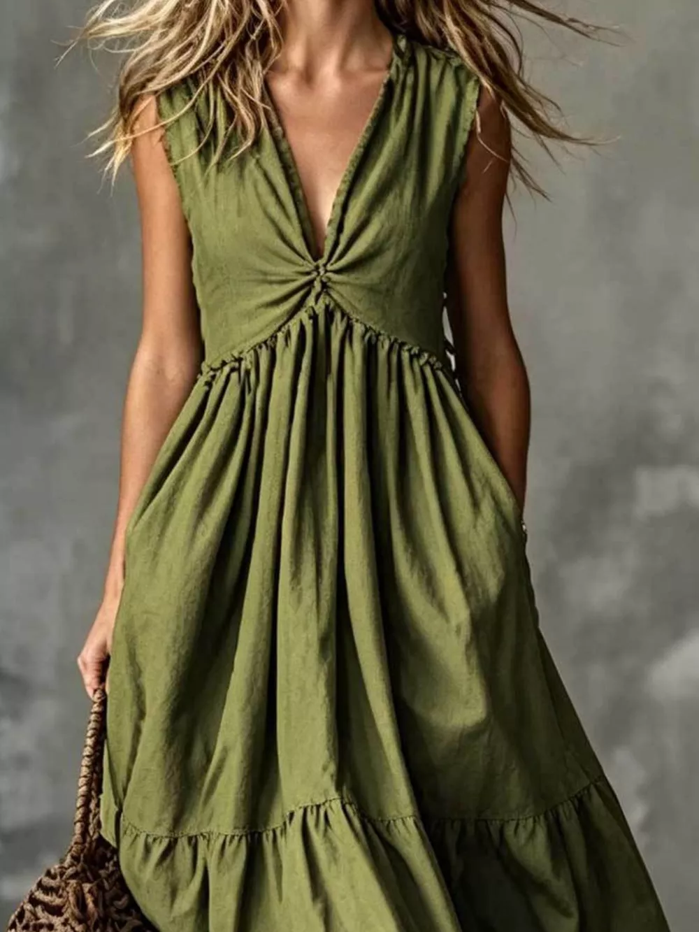 V-Neck Twisted Tiered Midi Dress, image 6