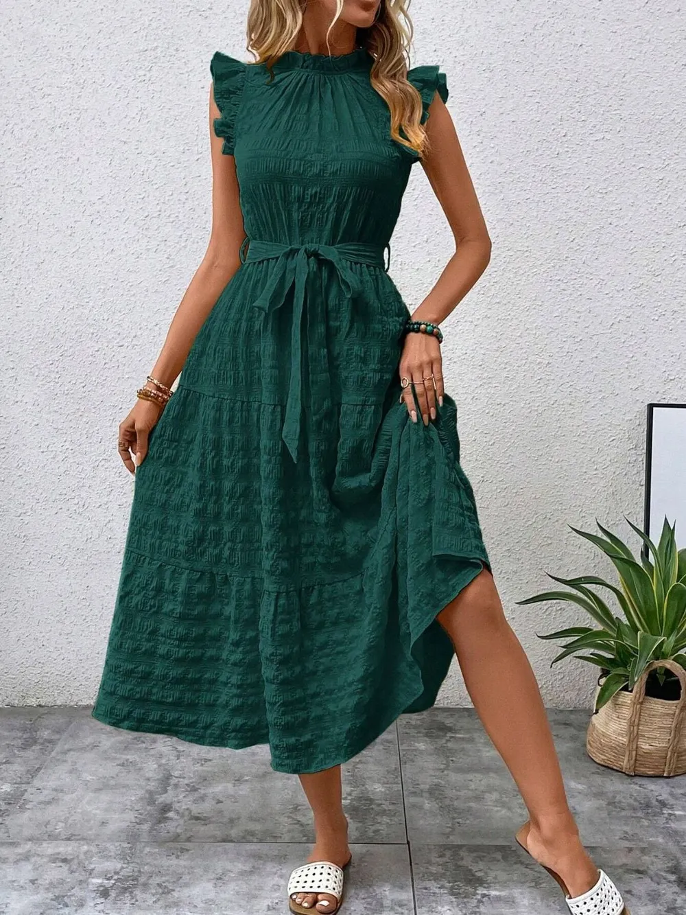 Tied Ruffled Cap Sleeve Midi Dress, image 31