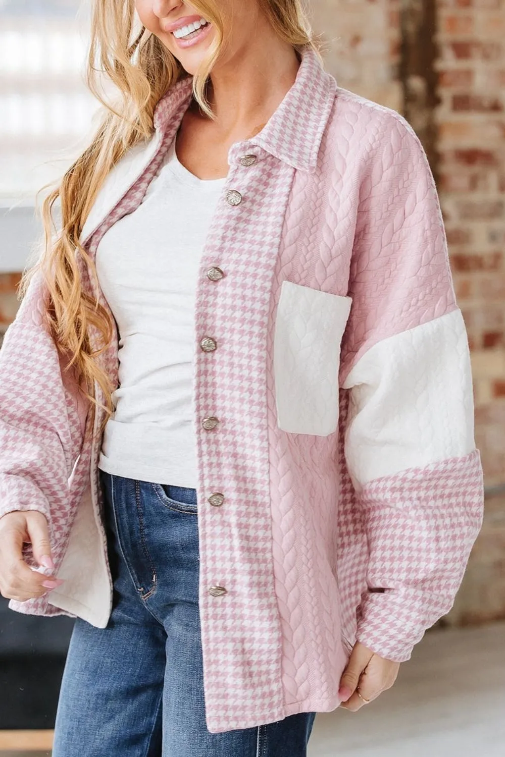 Color Block Houndstooth Collared Neck Shacket, image 3