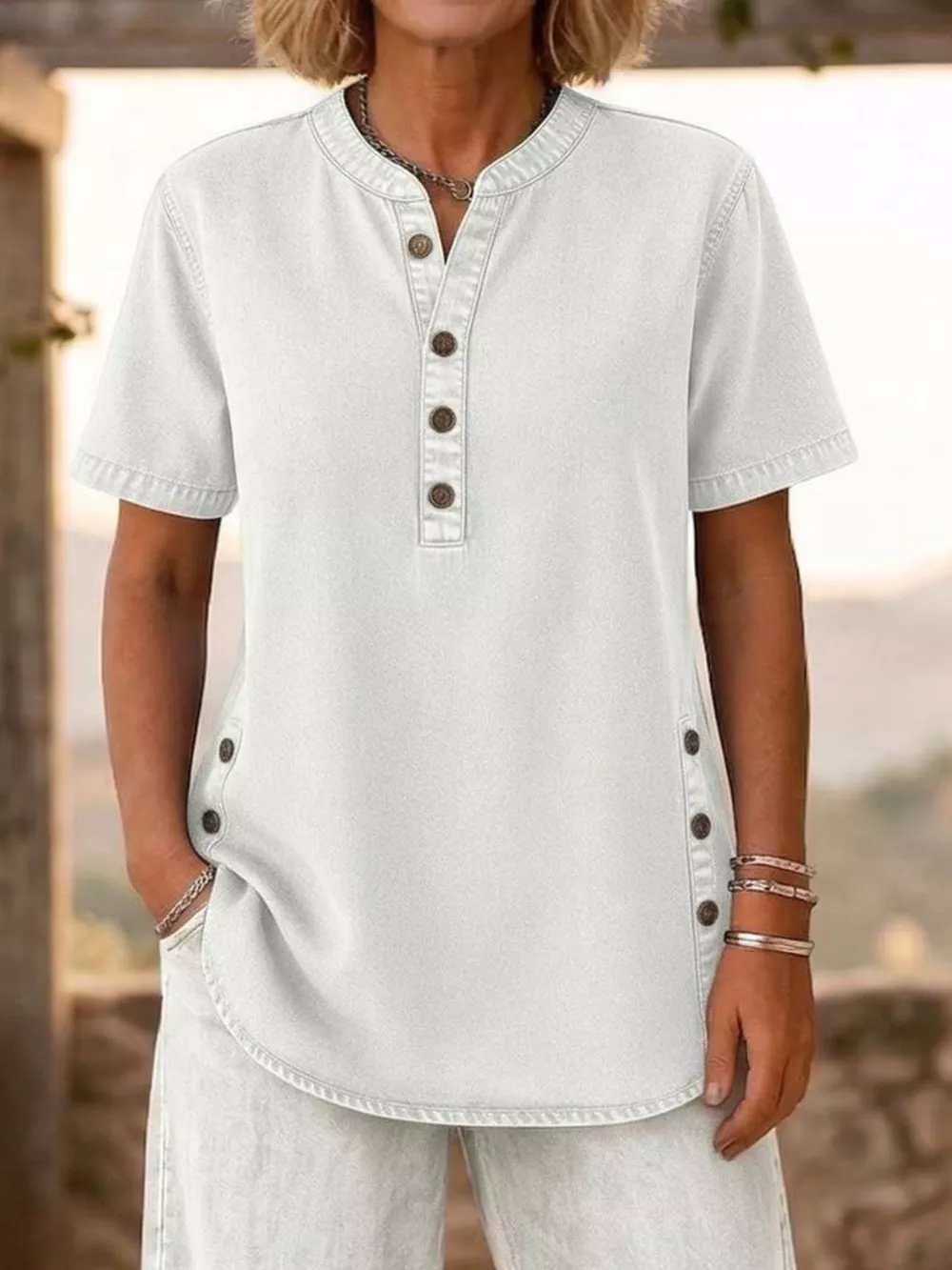 Full Size Casual Half-Button Top and Cropped Pants Denim Set Plus Size, image 4