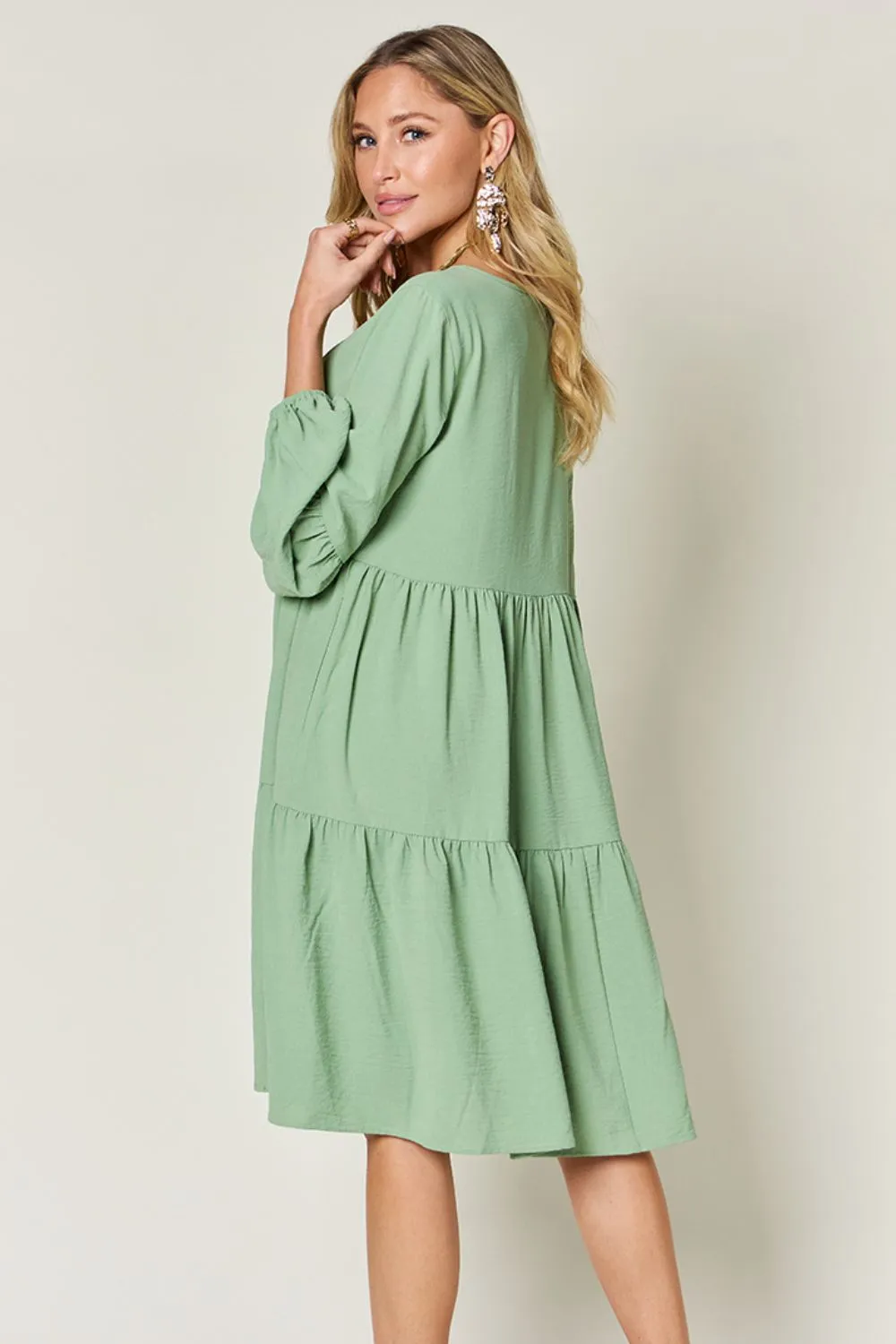 Full Size V-Neck Balloon Sleeve Tiered Dress with Pockets, image 28