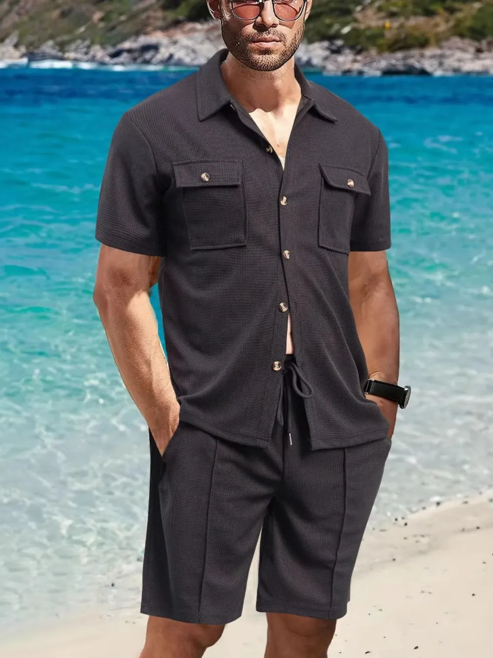 Men's Full Size Button Down Short Sleeve Top and Shorts Set Plus Size, image 8