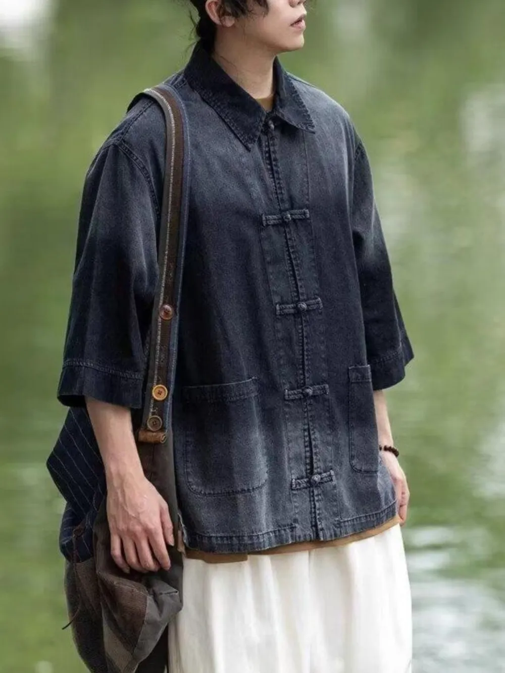 Men's Full Size Oversized 3/4 Sleeve Denim Shirt Plus Size, image 3