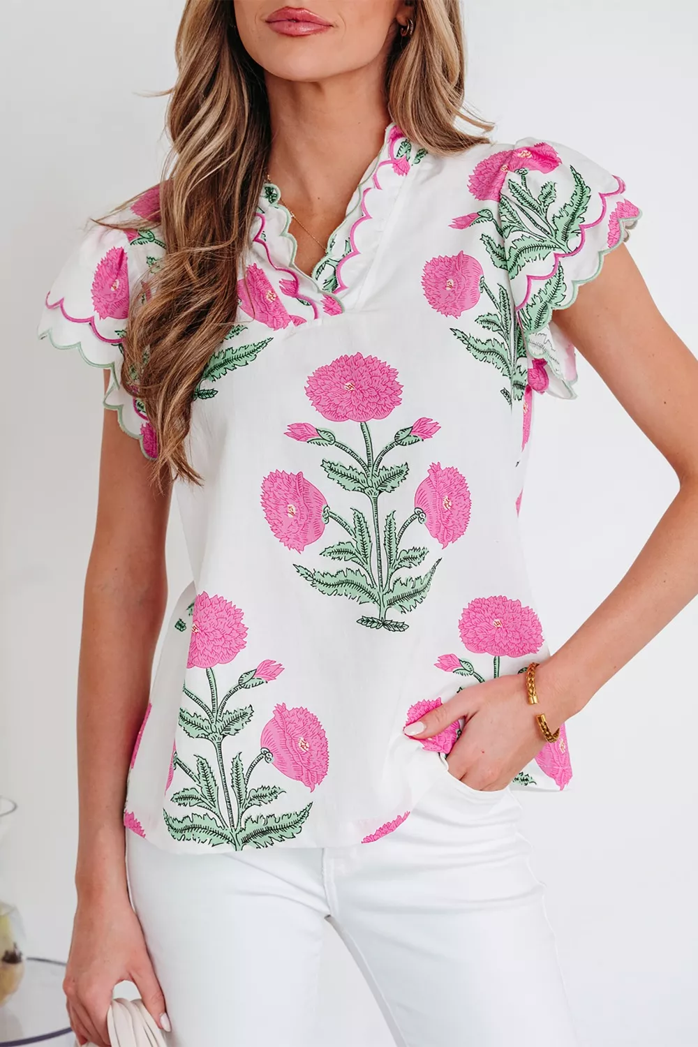 Contrast Scallop Trim Layered Short Sleeve V Neck Blouse, image 2