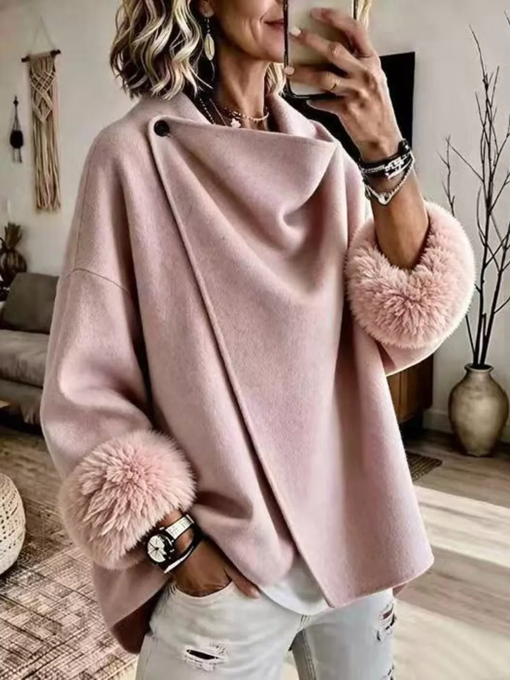 Full Size Elegant Asymmetric Faux Fur Cuff Outerwear Plus Size, image 4