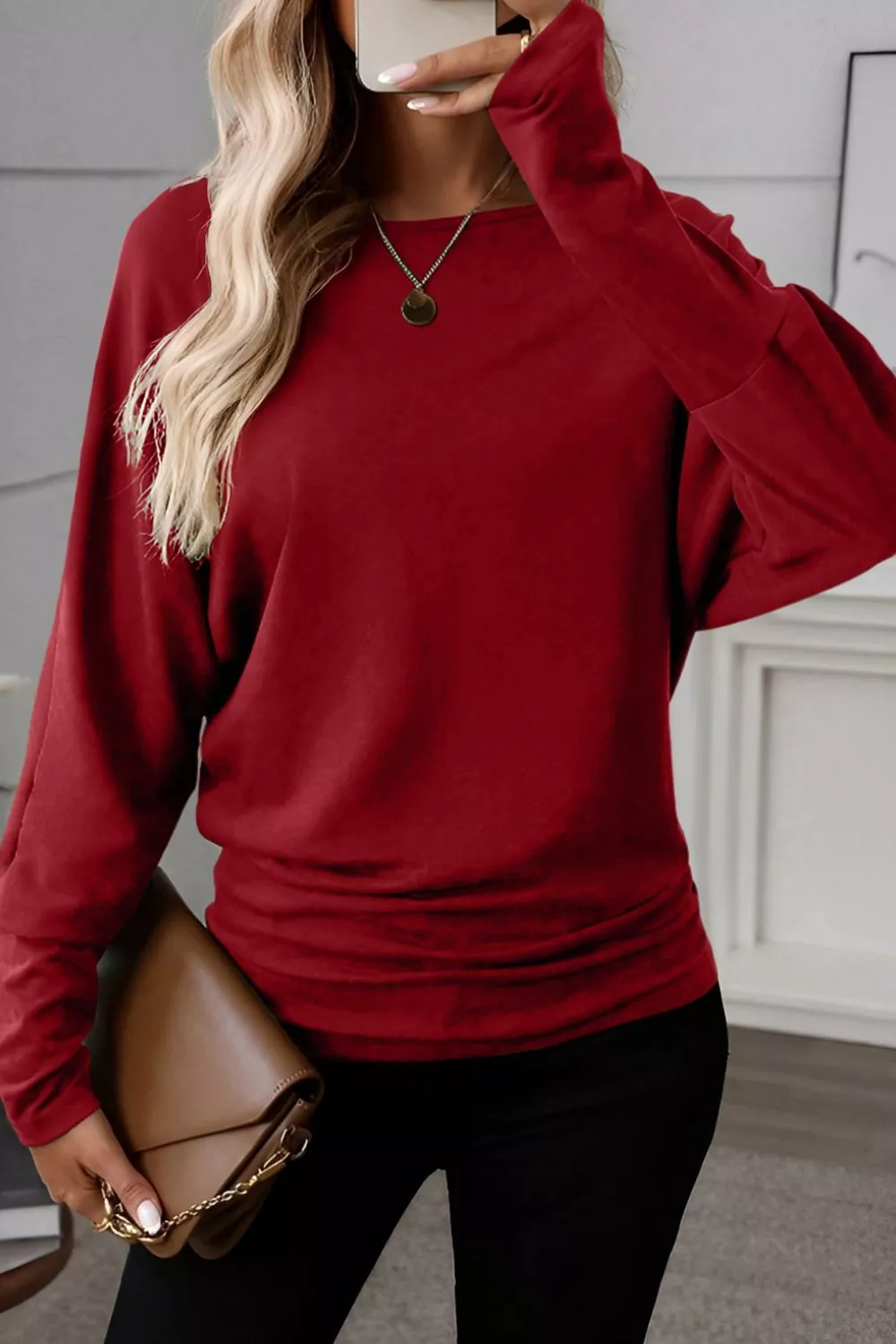 Solid Color Long Sleeve Blouse