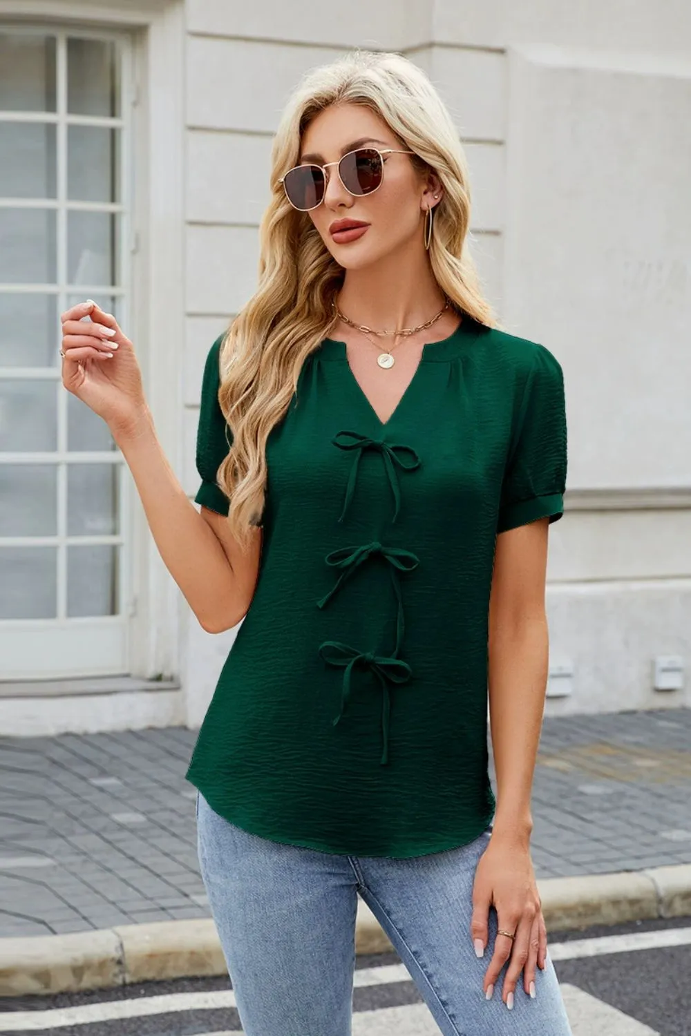 Notched Short Sleeve Blouse, image 7