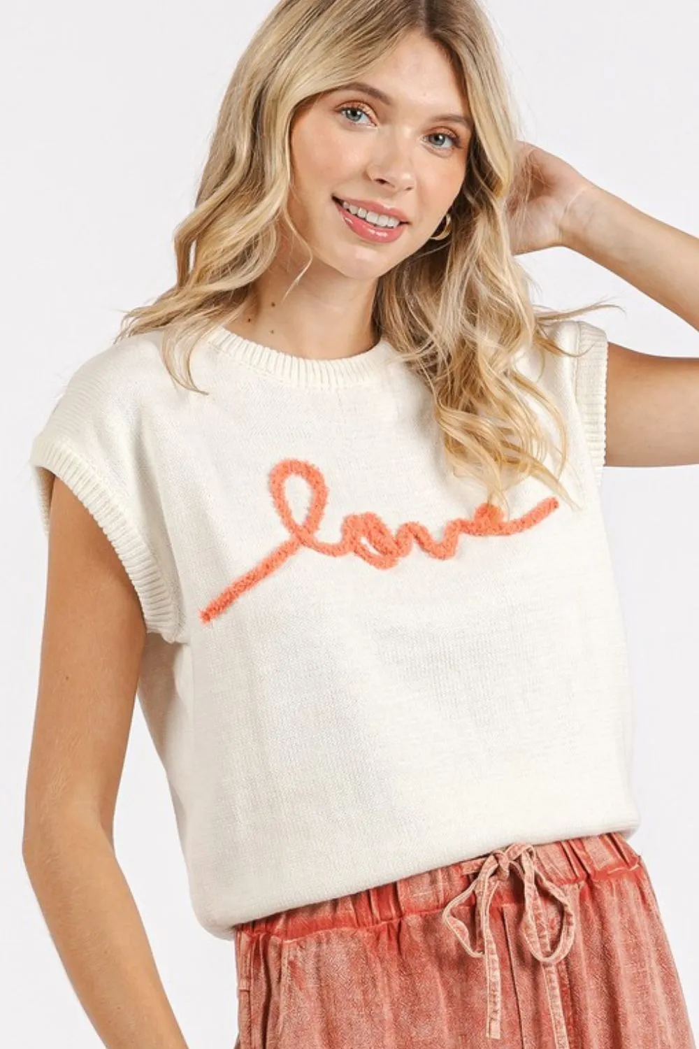Contrast Letter Round Neck Cap Sleeve Knit Top, image 3
