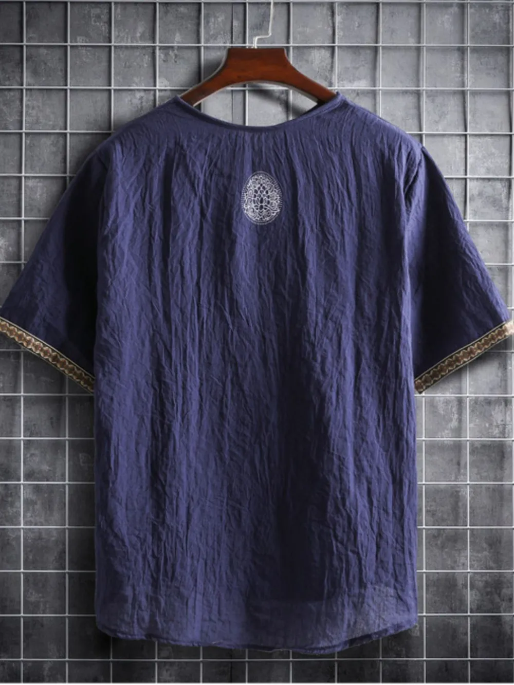 Men's Plus Size Texture Short Sleeve Top with Ethnic Trim, image 10