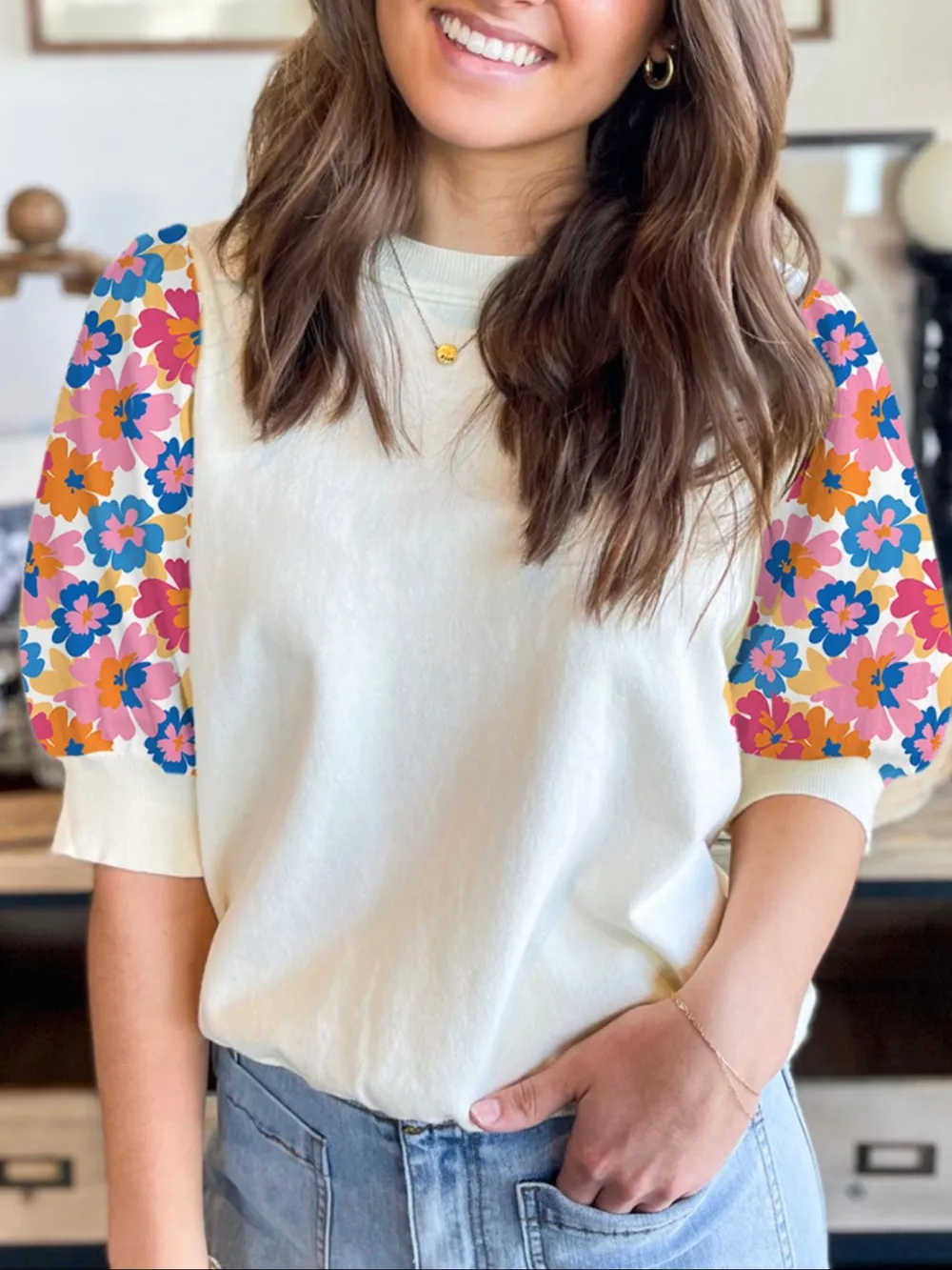 Floral Puff Sleeve Round Neck T-Shirt, image 8