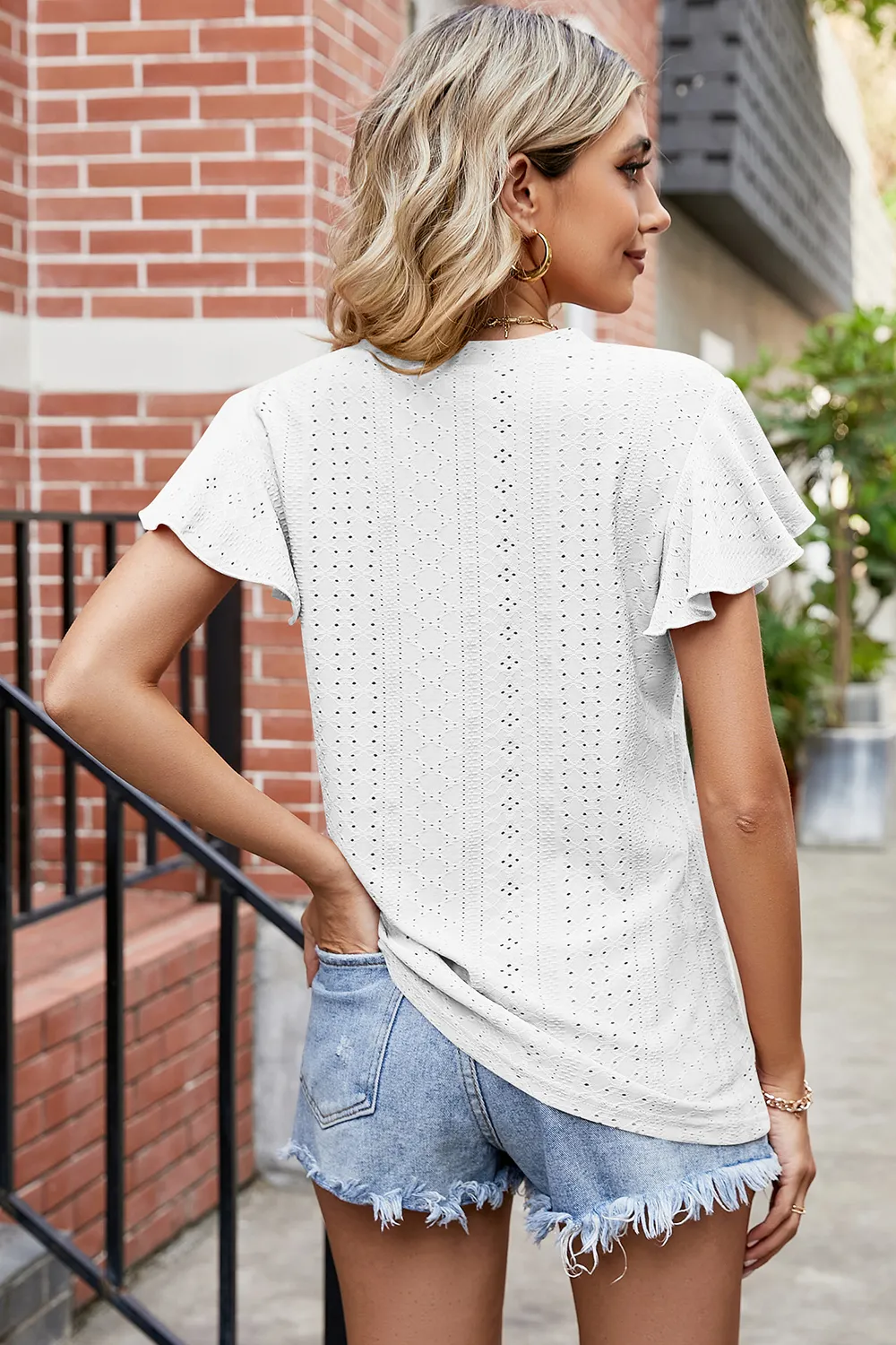 Eyelet V-Neck Flutter Sleeve T-Shirt, image 3