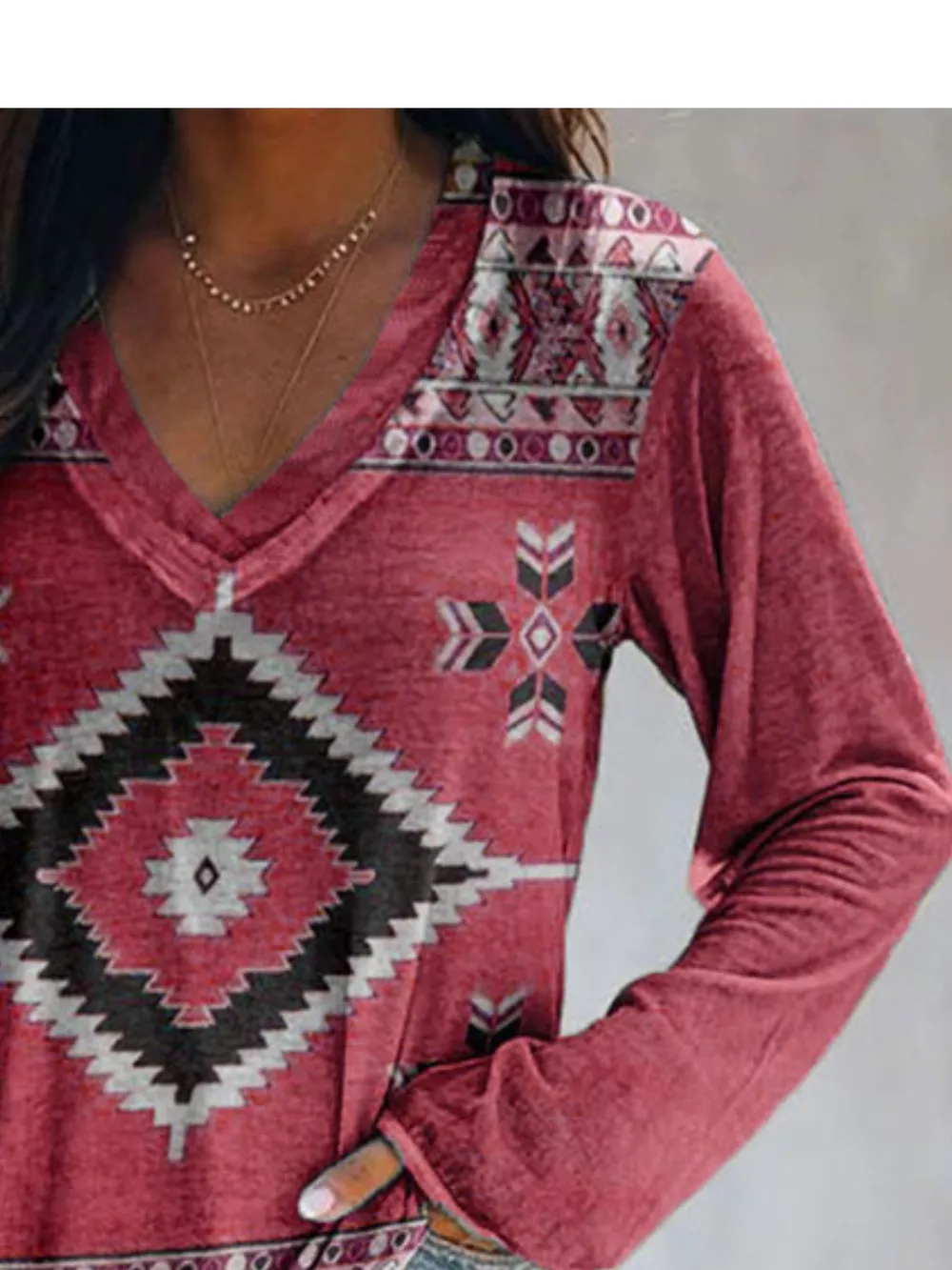 Full Size Geometric V-Neck Long Sleeve T-Shirt Plus Size, image 9