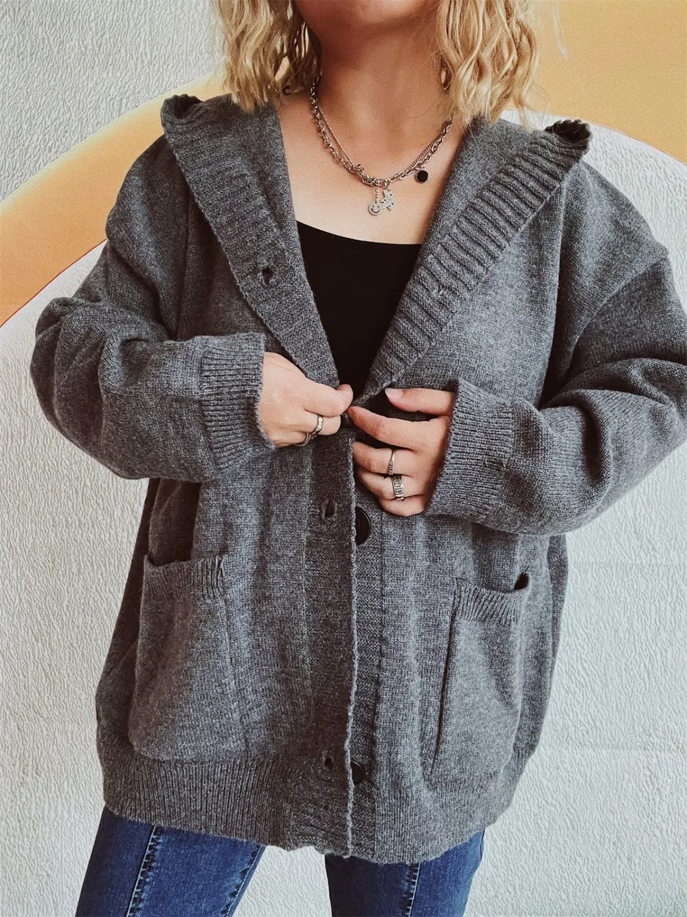 Dropped Shoulder Long Sleeve Hooded Cardigan, image 2