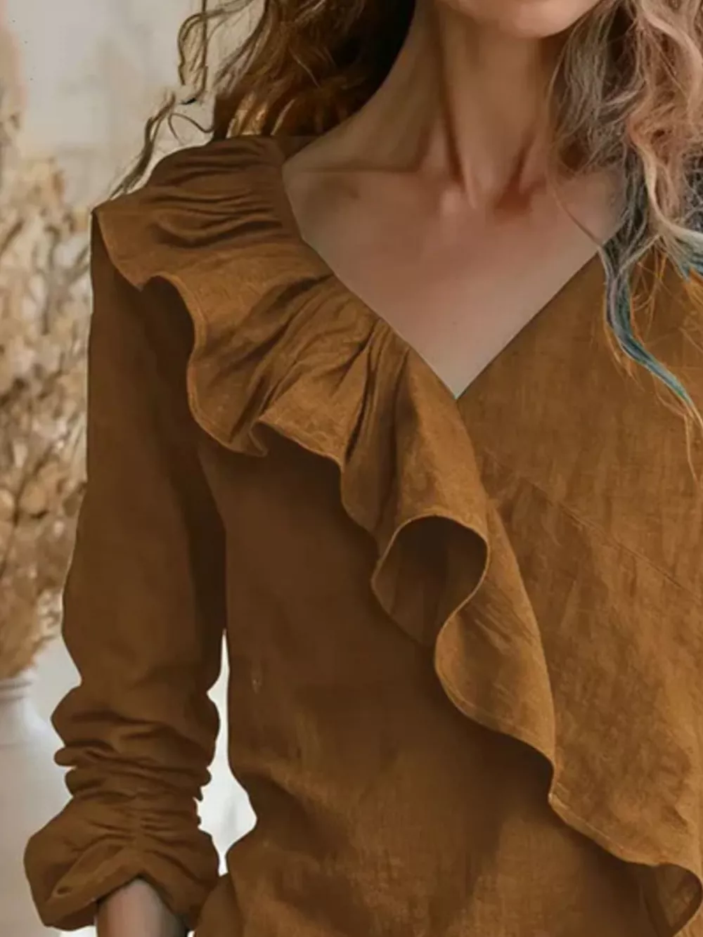 V-Neck Ruffled Long Sleeve Blouse, image 12