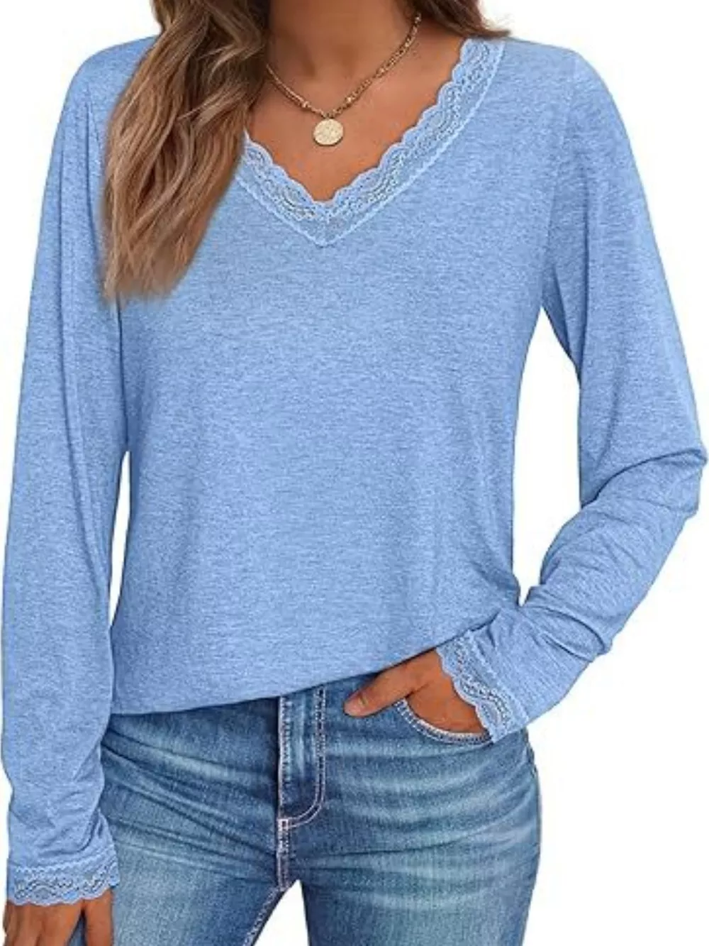 Lace Trim V-Neck Long Sleeve T-Shirt, image 18
