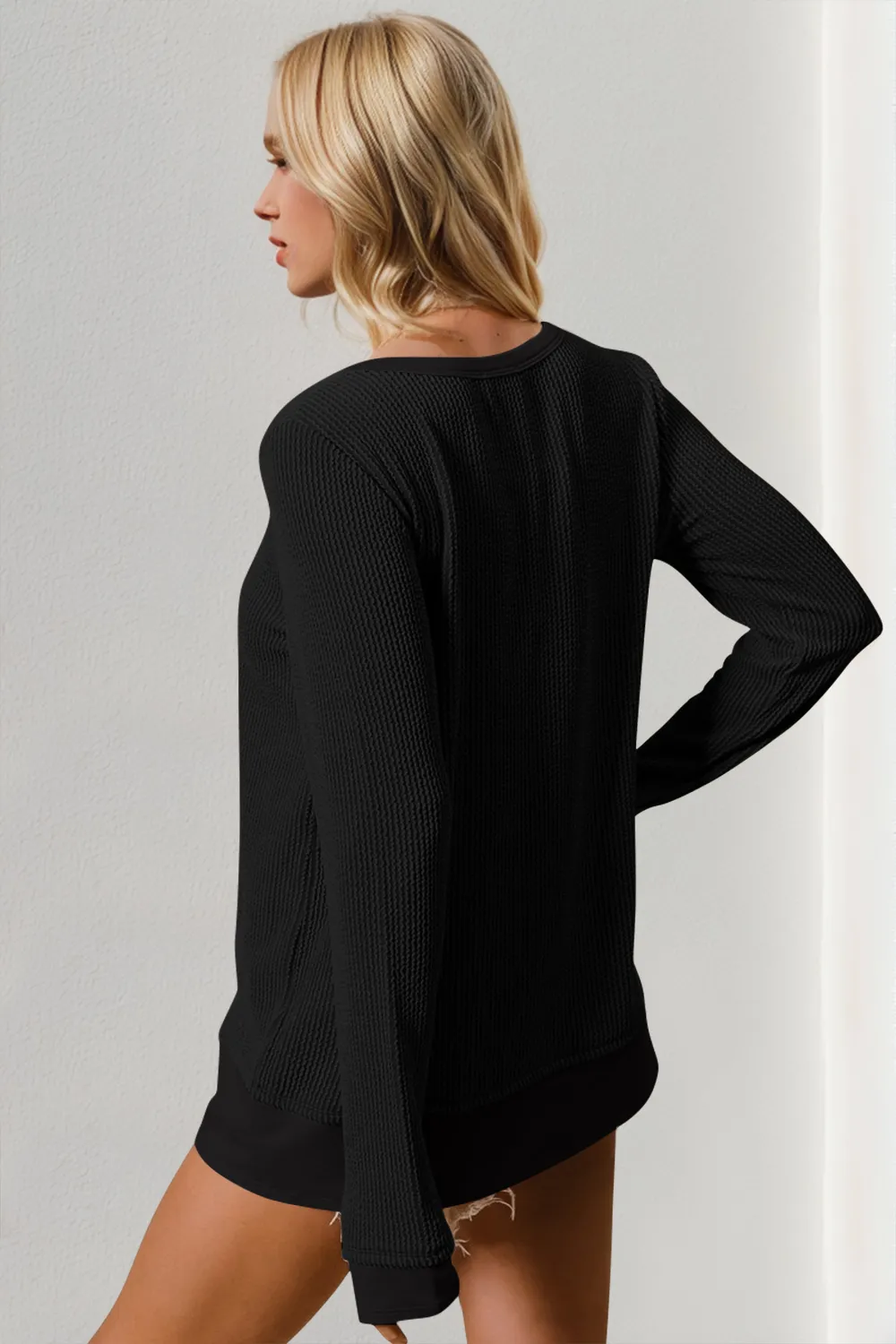 Corded Rib Thumbhole Cuff Round Neck T-Shirt, image 4