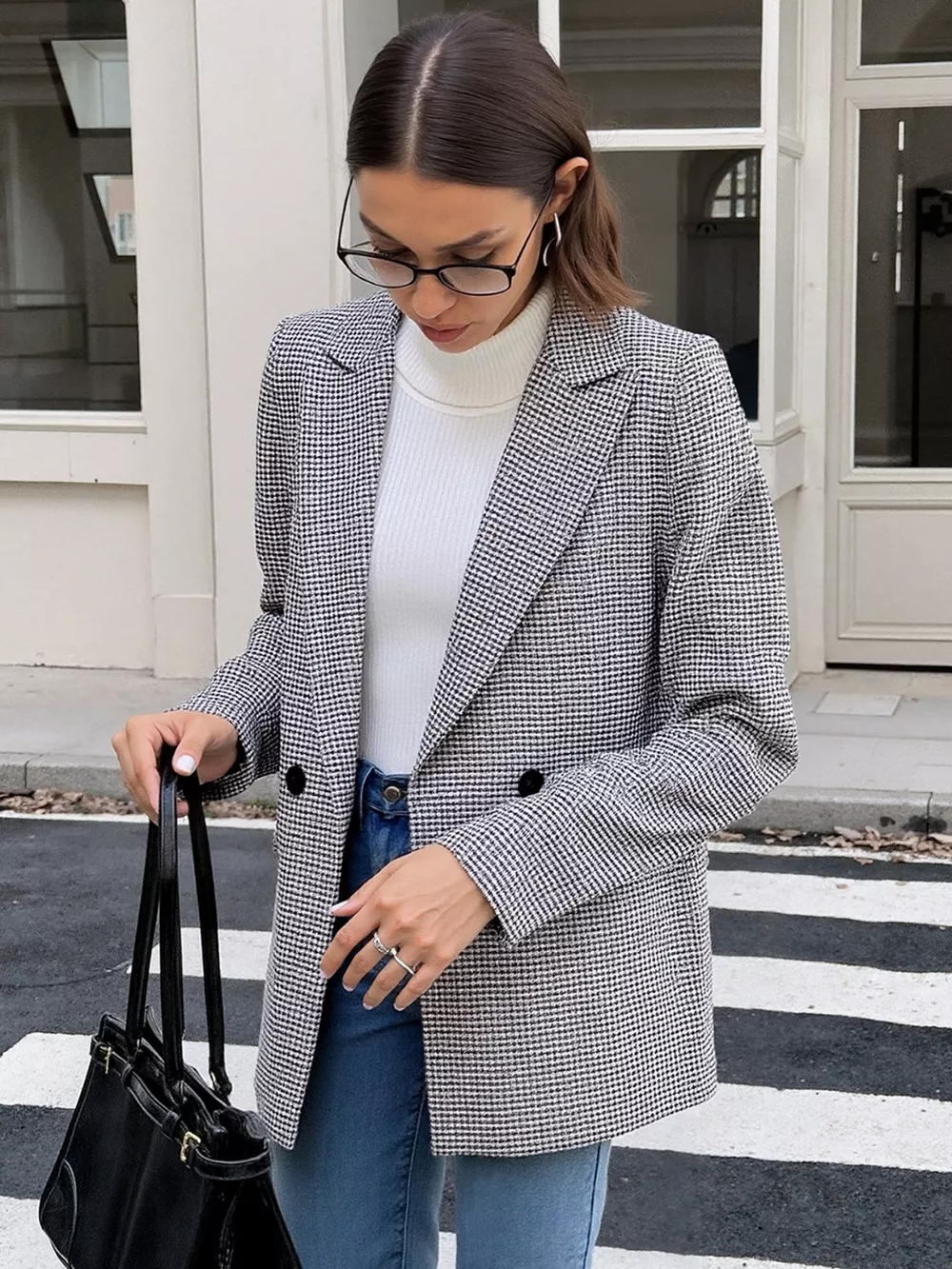 Houndstooth Patterned Double-Breasted Blazer, image 4