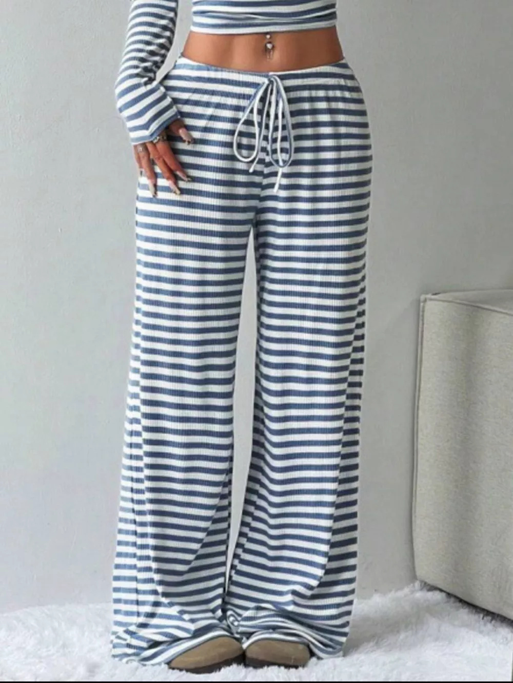 Striped Long Sleeve Crop Top and Wide Leg Pants Set, image 9