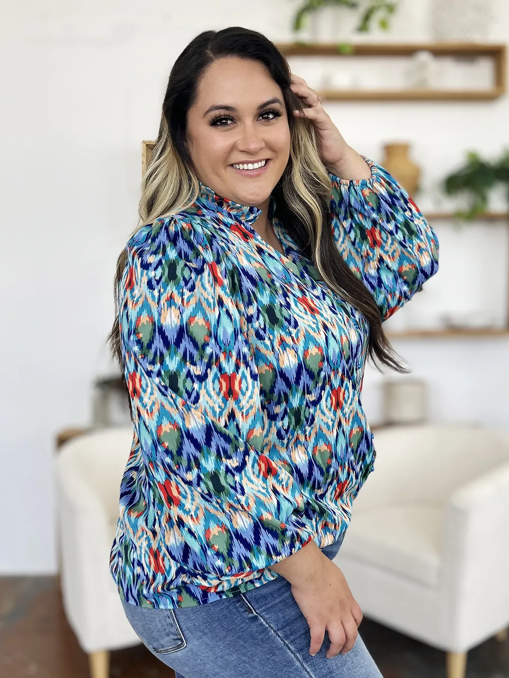 Full Size Printed Balloon Sleeve Blouse, image 14
