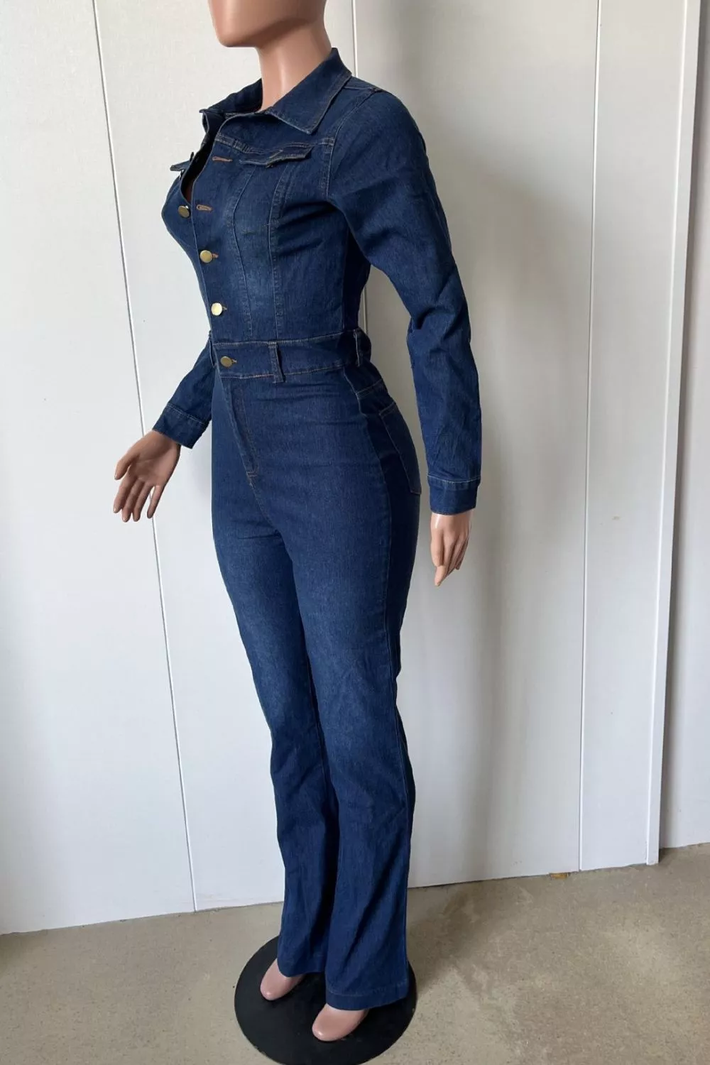 Slim-Fit Long Sleeve Denim Jumpsuit with Flared Legs, image 6