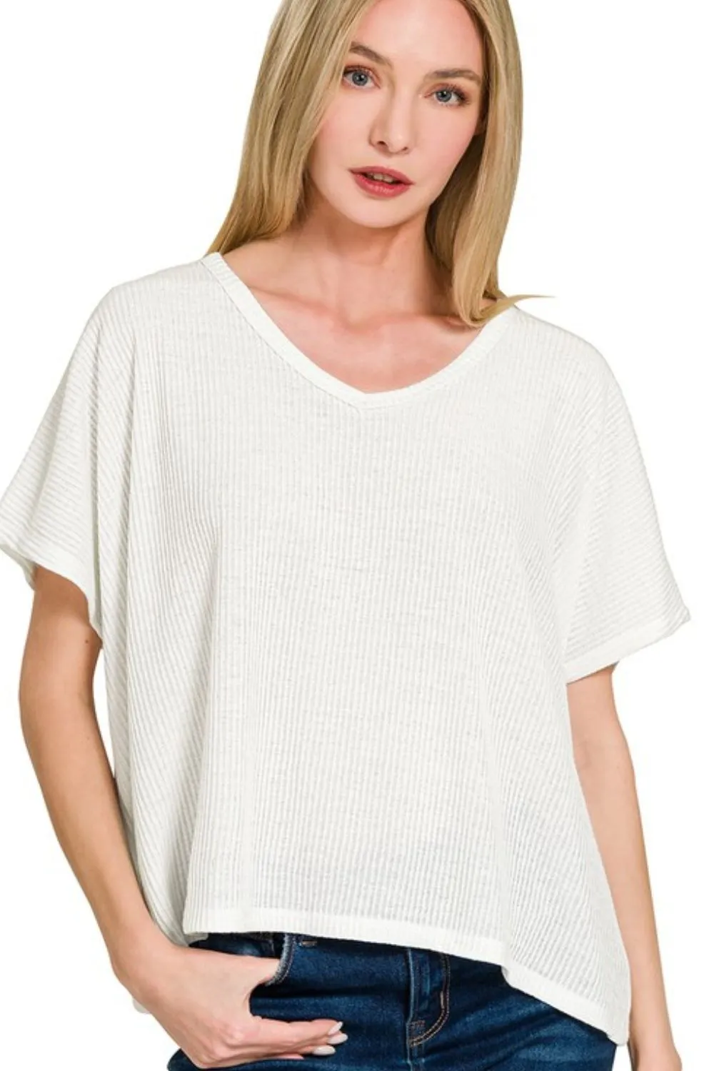 Ribbed V-Neck Short-Sleeve Knit Top