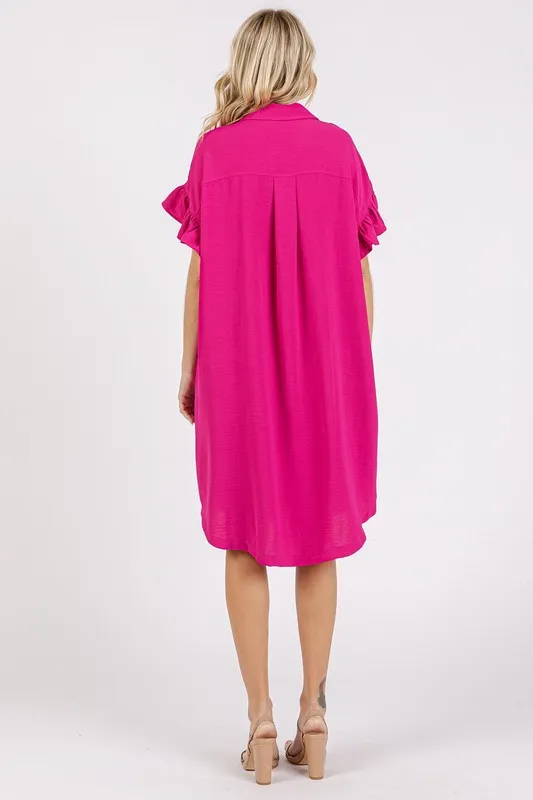 Button Down Flounce Sleeve Dress with Pockets, image 2
