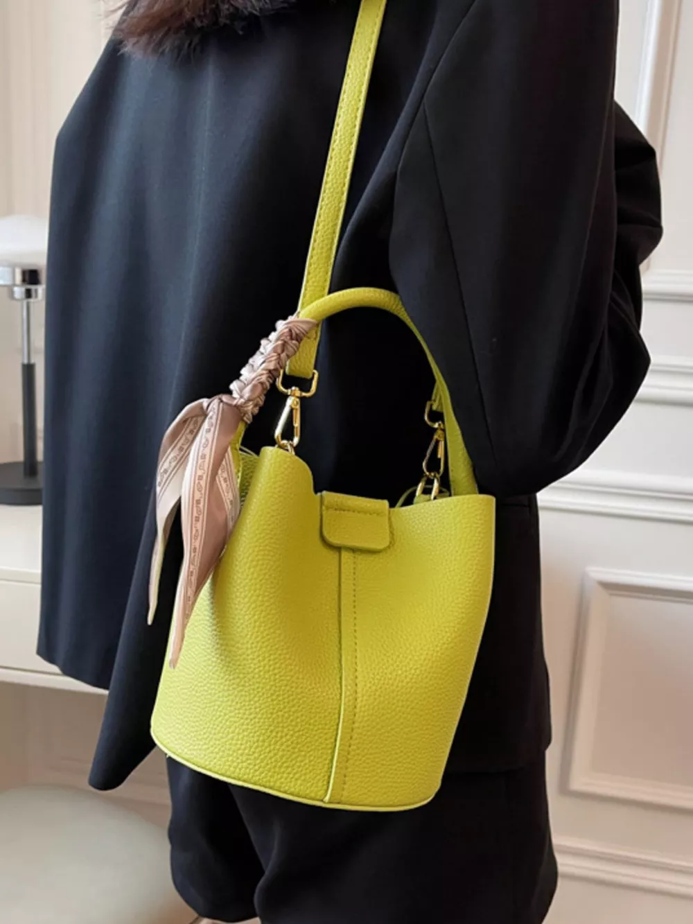 Leather Bucket Crossbody Bag, image 2