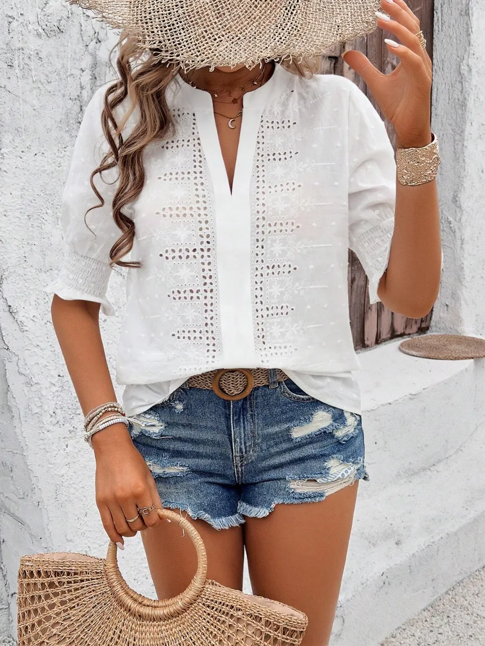 Eyelet Notched Flounce Sleeve Blouse, image 21