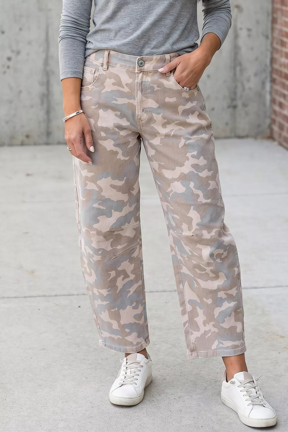 Camouflage Print Pocket Ankle-Length Barrel Jeans, image 3