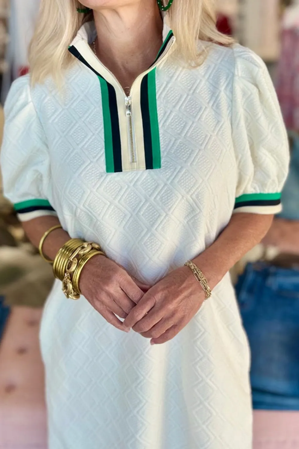 Striped Collared Zip Up Textured Dress, image 11
